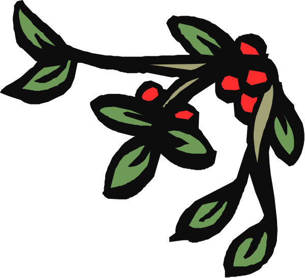 The image shows a stylized illustration of an evergreen branch with red berries on it against a dark background.