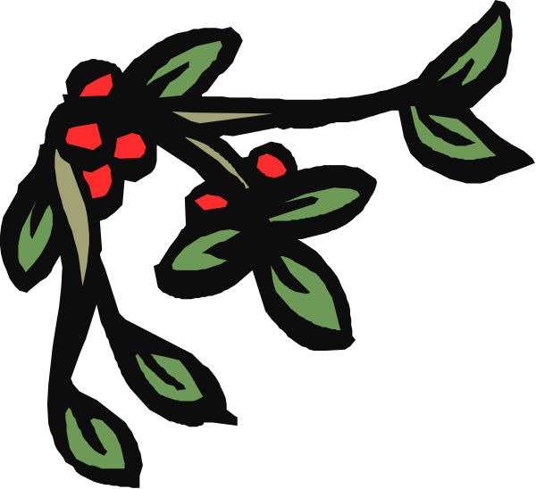 The image shows a stylized illustration of an evergreen branch with red berries on it against a dark background.