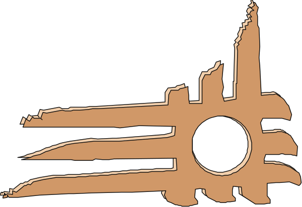The image shows a black and white logo with an illustration of a city skyline on top featuring buildings that resemble silhouettes against a dark background; below this is what appears to be a stylized depiction of water, possibly representing waves in shades of brown or tan coloring.