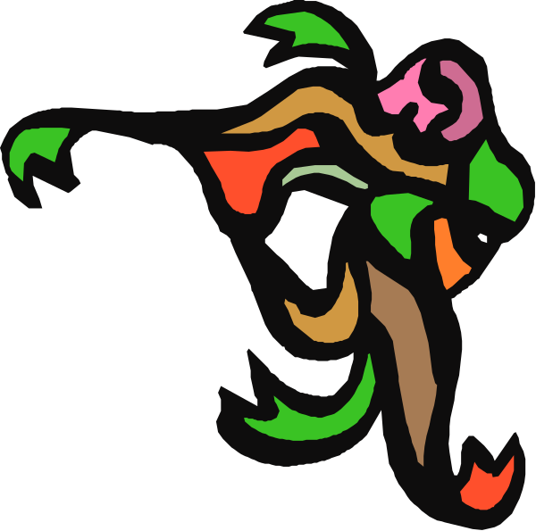 The image shows a cartoon of an elephant with its trunk raised high above it while standing on two legs against a black background.