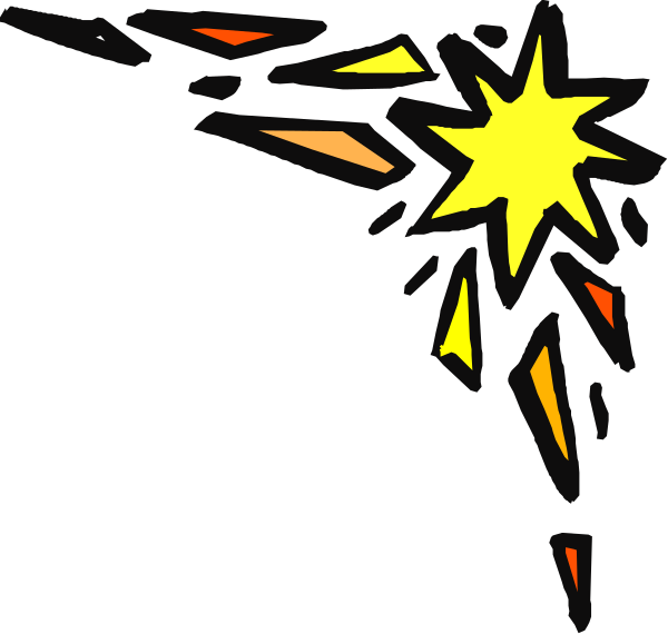 The image shows a cartoon explosion with colorful shards flying outward from an orange center point against a black background.