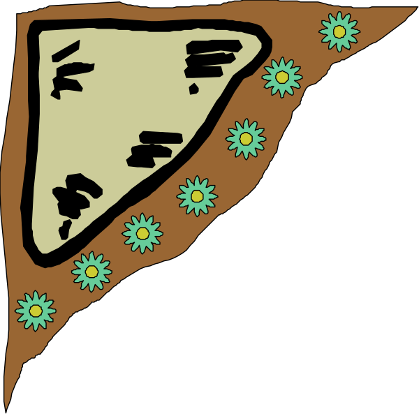 The image shows a cartoon of an open book with pages that have various items on them: there's a pizza slice in one corner; two flowers at different locations within each page; some text resembling handwriting, possibly indicating notes or comments about what is depicted; and the background appears to be black.