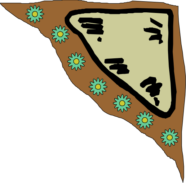 The black and white illustration shows a map with various landmarks such as mountains, rivers, trees, flowers, roads, buildings, and other geographical features like hills and valleys.