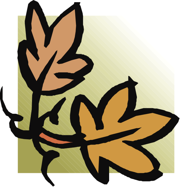 The image shows a cartoon of an autumn leaf with two smaller leaves attached to it on either side against a white background.