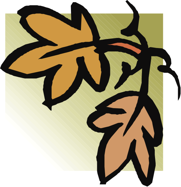 The image shows a digital illustration of two leaves with autumnal hues against an orange background on the left side; there is no text present in this clip-art piece.