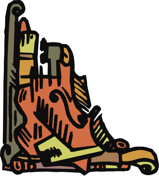 The illustration shows a cartoon of an old violin with its bow resting on it against what appears to be a dark background.