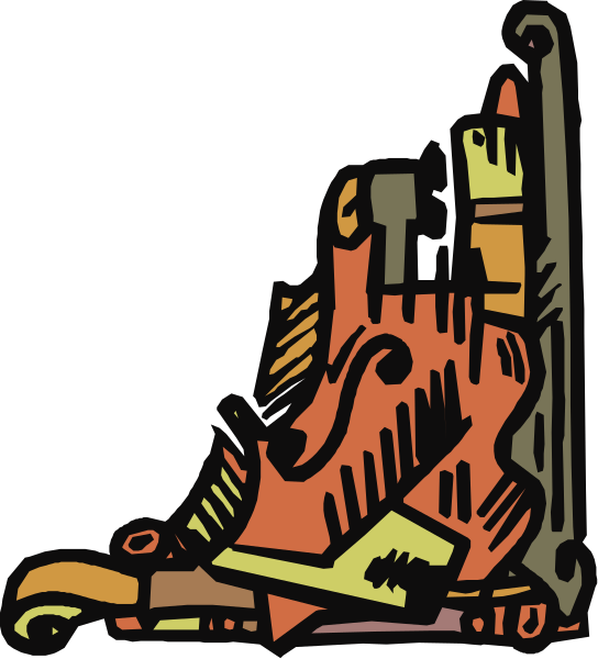 The illustration shows a cartoon depiction of an old guitar with various parts scattered around it on what appears to be a dark background.