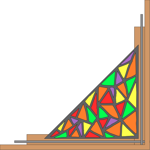 The image shows a colorful stained glass window with geometric shapes against an abstract background that resembles a dark room interior.