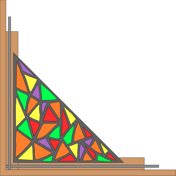 The image shows a stained glass window with geometric shapes against a dark background on the left side of an illustration that appears to be part of a larger design project involving architectural elements such as columns and walls, suggesting it might represent a conceptual model for building or designing something related to architecture or art.