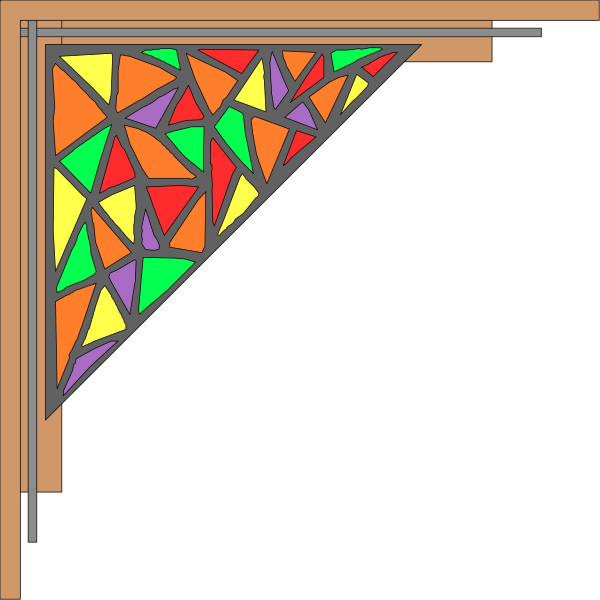 The image shows a stained glass window with geometric shapes resembling an abstract design on it, set against a dark background that appears to be part of a wooden structure like a door frame or wall paneling.