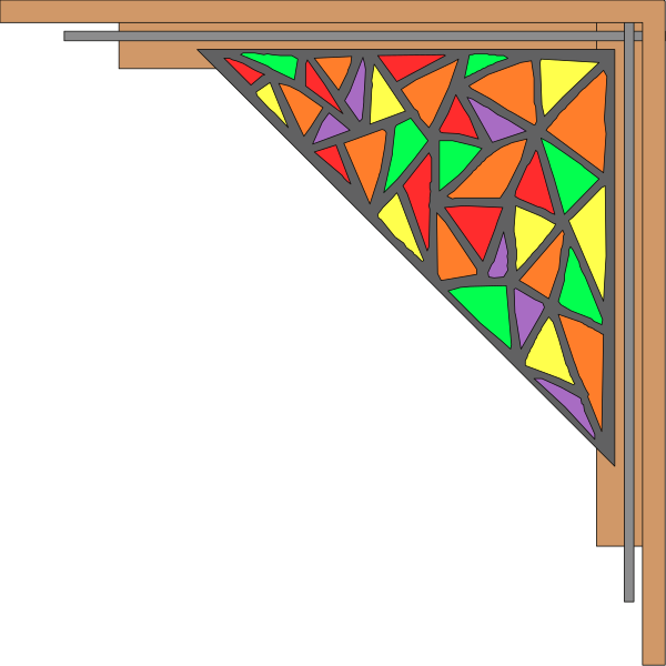 The image shows a stained glass window with geometric shapes forming an abstract design against a dark background.