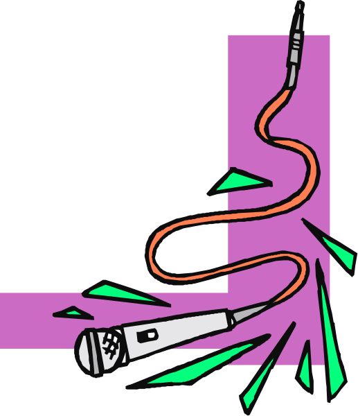 The image shows a cartoon of an explosion with a microphone inside it on top of purple background.
