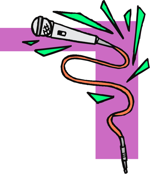 The image shows a cartoon microphone with sound waves emanating from it on purple background.