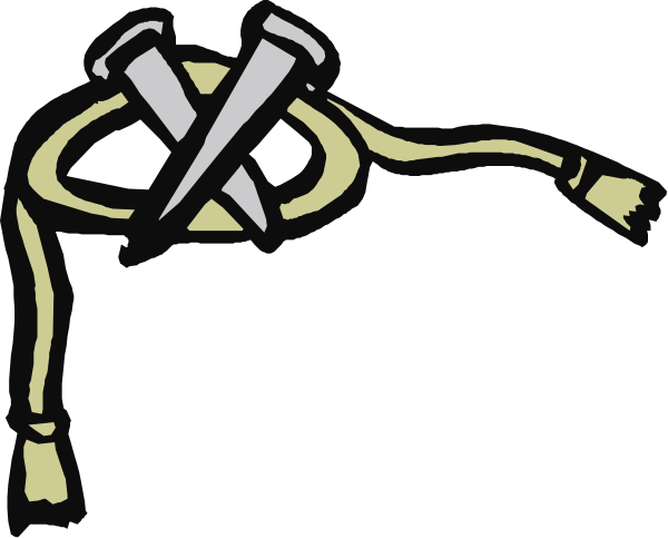 The black and white illustration shows a cartoon of two crossed swords with bandages on them tied together by tape at their hilts; there is also an image of scissors in between these items, suggesting that this might be related to first aid or medical supplies.