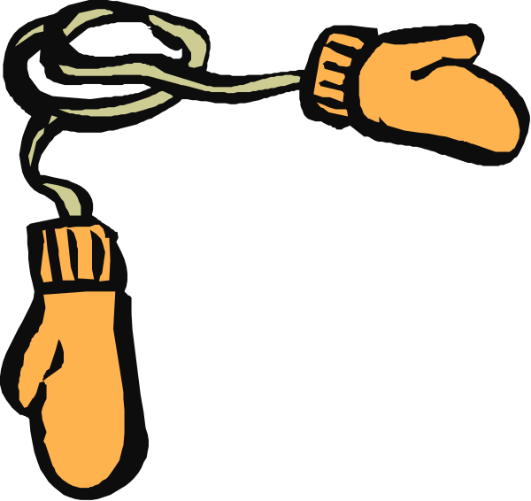 The image shows a pair of orange gloves with black cuffs on them hanging from what appears to be an unseen object by their strings; there is no visible person in this clip-art illustration.