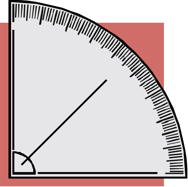 The image shows a simple geometric illustration of an angle with its vertex at (0, 1) on a Cartesian plane where one axis is red and another is black; there's also a protractor indicating that this is a right-angle measurement tool used to measure angles in degrees. There are no texts or other objects present within the image frame provided by you. The background of the illustration appears plain white, emphasizing its geometric content without any additional contextual elements.