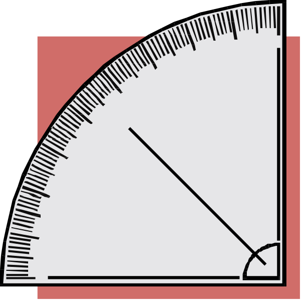 The image shows a simple black and white illustration of two protractors with their measuring lines intersecting at 90 degrees within an enclosed red square background. There is no text present in this clip-art graphic, which focuses on geometric shapes for educational purposes or as part of a design element to represent angles or measurements. The image does not depict any objects, people, animals, actions, or setting beyond the protractors and their immediate surroundings within the red square frame.