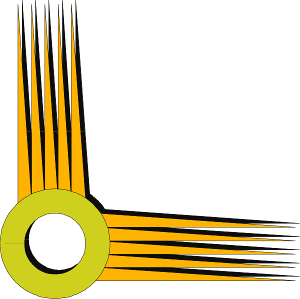 The image shows a stylized depiction of an abstract design with yellow lines that resemble rays emanating from two black circles at either end against a dark background.