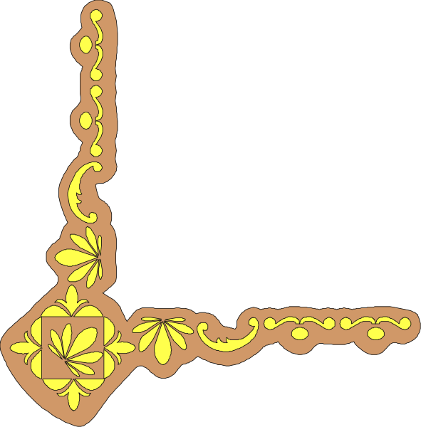The images show a simple line drawing of two different designs: on top, there is an abstract pattern with curved lines forming shapes; below it, another design features decorative elements such as flowers and leaves in yellow against a black background.