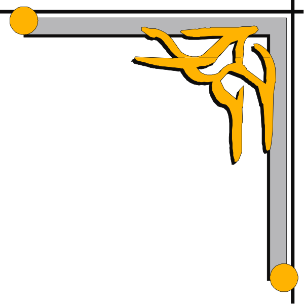 The image shows a simple black and white line drawing of an abstract shape with two yellow lines that resemble tree branches extending from it on either side.