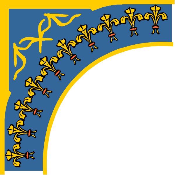 The image shows a blue arch with decorative elements on either side against a black background.