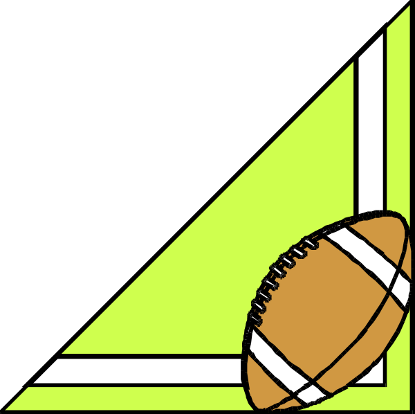 The image shows a black triangle with an orange football inside it on top of two green rectangles that resemble goalposts in front of which there is a white line representing a field boundary.