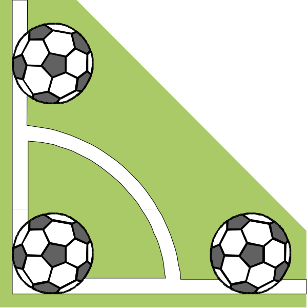 The image shows a cartoon representation of soccer balls on top of an arcade game machine with two black dots for eyes in front of it, suggesting that this is how one might perceive the scene from above; there's also a green field and goalposts behind them to represent a simplified version of a sports court.