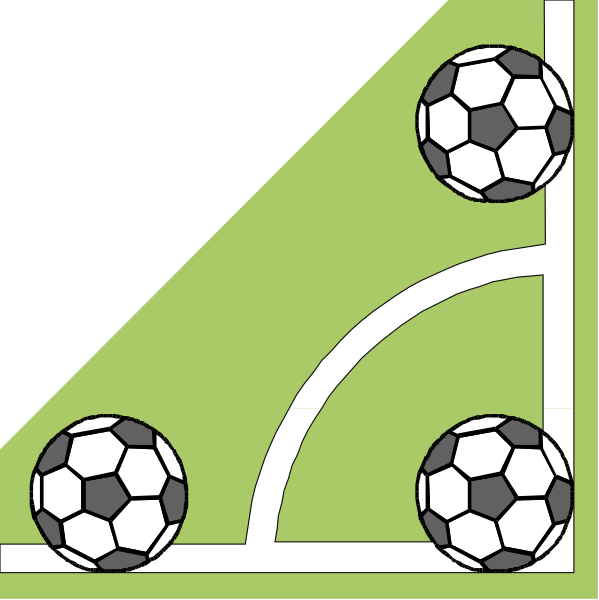 The image shows a stylized soccer goal with three sports balls placed on it: two black ones at each end of an arc that forms part of the netting structure, and one white ball in front of them nearer to us.