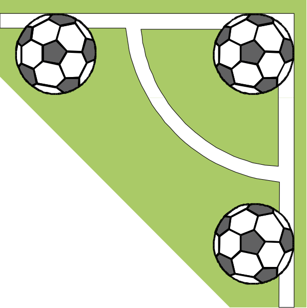 The image shows a stylized soccer field with three balls on it, two of which appear to be moving towards each other while one is stationary at an angle; there's also a goal post in front and above them all.