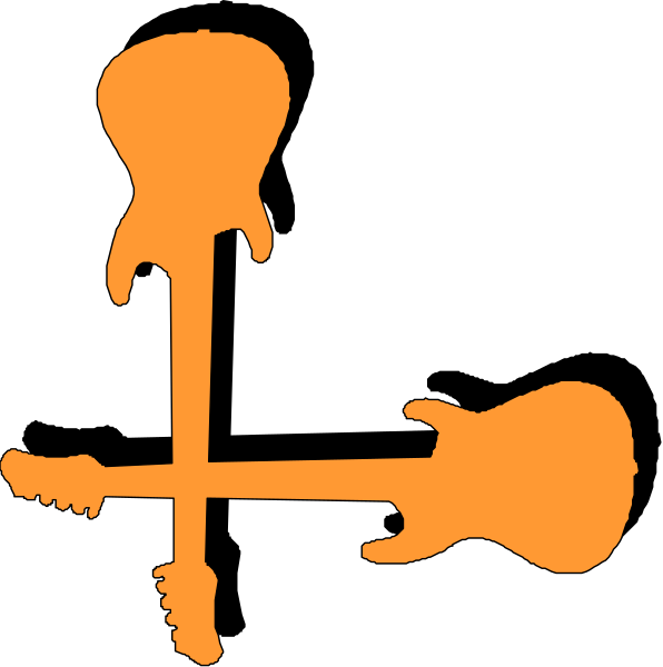 The images show a collection of guitar pickups with different designs on them: 1) A black background with an orange cross-shaped design; 2) An image featuring two guitars crossed over each other, one red and one white, against a dark backdrop. There are no people or animals in the scene depicted by these images. The setting is abstract as it focuses on guitar pickups rather than any specific location. No actions can be discerned from this still-image representation of guitars with different designs.