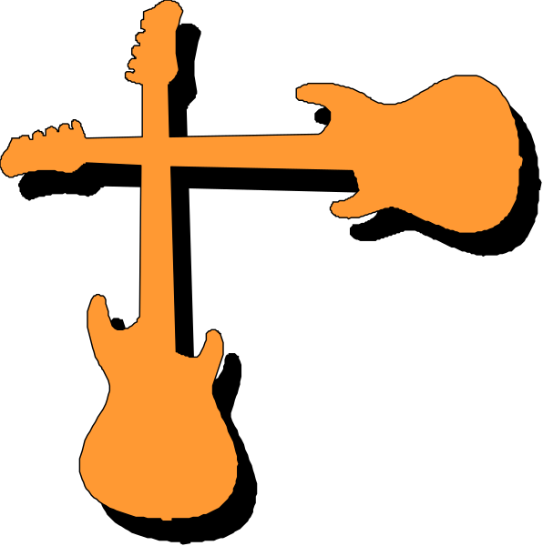 The images show two different representations of a guitar: on top left there's an orange silhouette with no details; bottom right is a detailed image showing strings, frets, pickups, neck, headstock and tuning pegs in white against black background