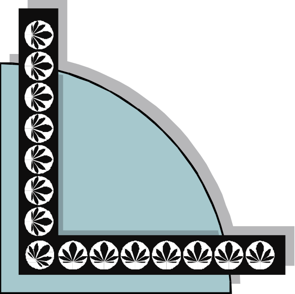 The image shows a stylized architectural detail of an archway with decorative elements at its top, set against a blue background that resembles sky.