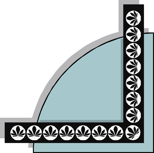 The image shows a stylized architectural detail with an arched window frame featuring decorative elements such as leaves at its base on either side of what appears to be a central motif that could represent flowers, and it is set against a blue background within which there's another smaller archway.