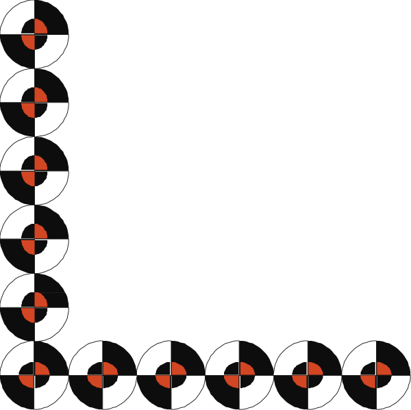 The image shows a black and white checkered pattern with red dots forming an abstract design that resembles a square within another larger one.