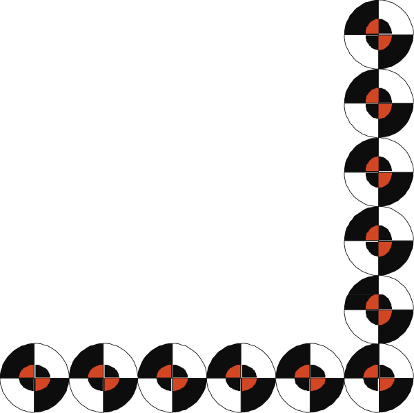 The image shows a black and white pattern with red dots forming an abstract design that resembles a chain link fence or some kind of geometric shape composed entirely from circles connected by straight lines.