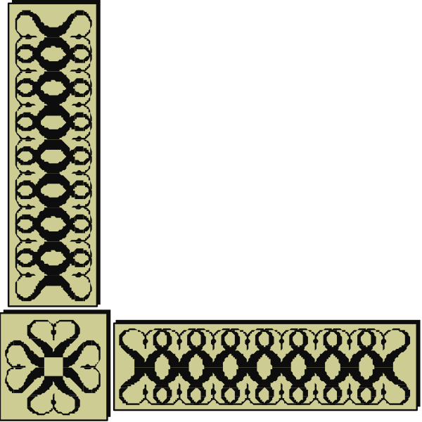 The image shows a black background with two symmetrical decorative elements on either side that resemble stylized crosses in white coloring against an intricate patterned border at their base; there is no text present, and it appears to be clip-art designed for use as borders or frames.
