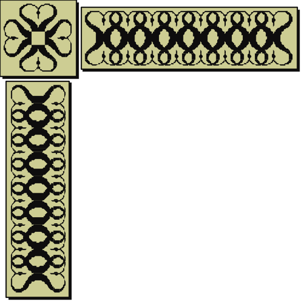 The image shows a black background with two symmetrical decorative elements on either side that resemble stylized architectural designs featuring intricate patterns of lines and shapes in shades of brown and beige; these could represent wall sconces, panels, or frames within an interior space such as a room.
