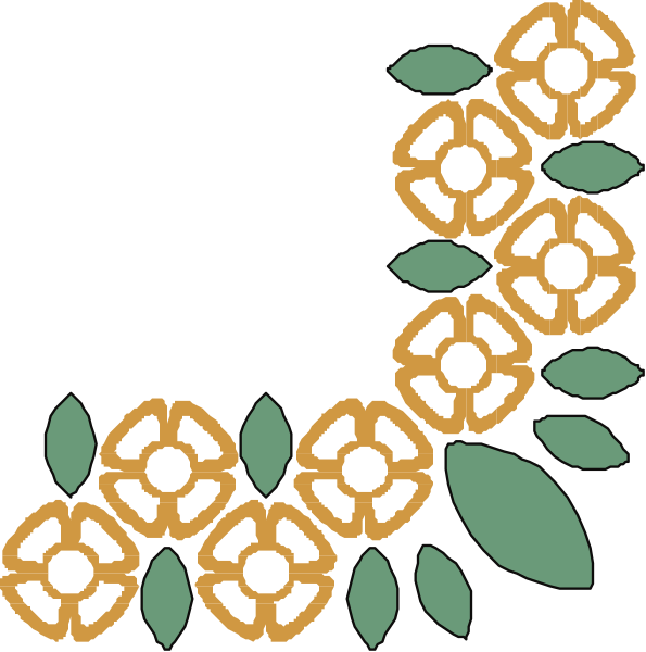 The images show a sequence of two different designs featuring floral patterns with leaves on either side: 1) A black-and-white design at top left; 2) An orange flower pattern in center right, and 3) Another similar but smaller version below it to bottom right. All three have the same leaf motif surrounding a central circular shape resembling flowers or stars with leaves on either side of each element. The background is black for all images except that there are white dots scattered across the top left image in contrasting colors, possibly representing bubbles or particles floating above