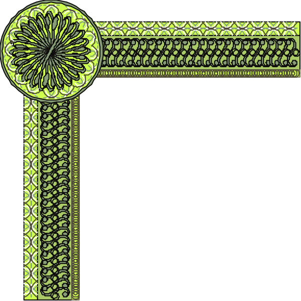 The image shows a stylized decorative frame with an intricate design featuring geometric patterns on both sides of what appears to be a central motif resembling a flower or sunburst pattern in green, set against a dark background and bordered by yellow lines that give it the appearance of being made from fabric.