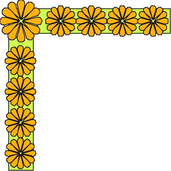 The image shows a black square with an orange border containing yellow flowers on both sides of what appears to be a white frame within it.