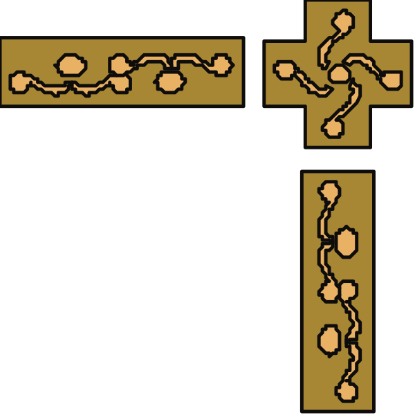 The image shows a cross with two smaller crucifixes on either side against a black background.