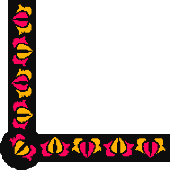 The image shows a black square with red decorative elements resembling flowers around its border at each corner.