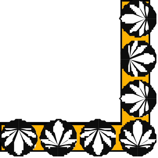 The image shows a black and white pattern with various shapes including circles, rectangles, lines, and what appears to be leaves in different sizes arranged diagonally across it on an orange background.