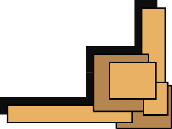 The image shows a pixelated representation of an abstract scene with geometric shapes resembling furniture pieces such as chairs and tables in various orientations against a dark background.