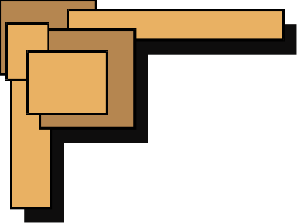 The image shows a pixelated representation of an abstract scene with geometric shapes resembling furniture pieces such as chairs and tables in various orientations against a dark background.