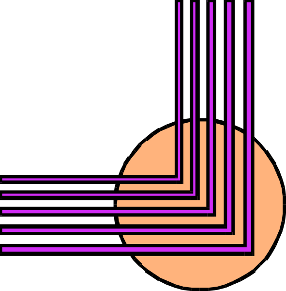 The image shows a simple graphic with geometric shapes: two circles (one red on top of another) representing planets against a black background; three curved lines in purple that resemble an abstract representation of waves or rays emanating from one point, suggesting motion or directionality; and the word "MOON" written below.