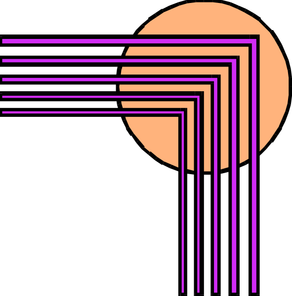 The image shows a stylized graphic of an abstract sunset with geometric shapes forming lines that converge towards it against a dark background on one side and what appears to be a moon in purple hues at nighttime, suggesting two different times of day depicted together.