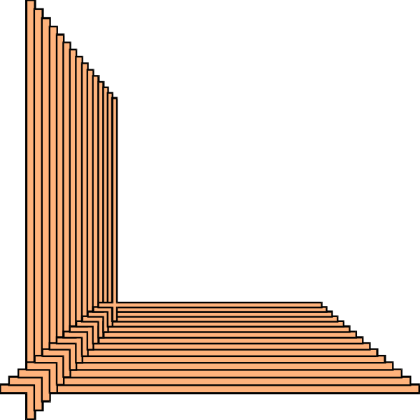 The image shows a simple black and white pixelated representation of an abstract structure with vertical lines forming what appears to be steps leading upwards towards a blank space at the top right corner.