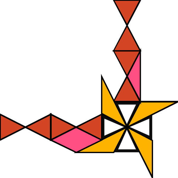 The image shows a colorful geometric abstract design with various shapes including triangles and rectangles arranged to form an intricate pattern against a black background.