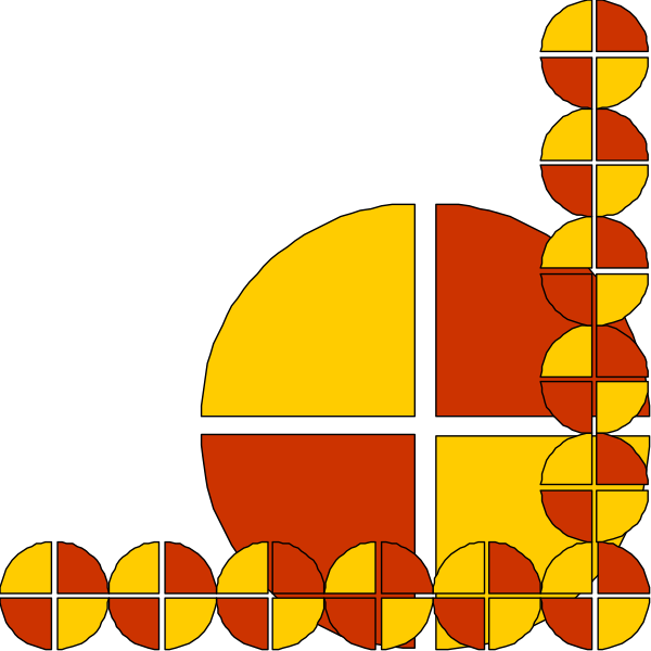 The image shows a black background with geometric shapes resembling an abstract representation of a sunset or sundial on top left corner featuring red circles connected by yellow lines forming concentric rings around central orange circle, and below it is a series of smaller white dots arranged in horizontal rows that could be interpreted as stylized waves.